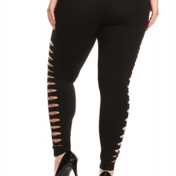 Plus Size Black Sexy Leggings w/ Cut Out Slits - Picture 2 of 4